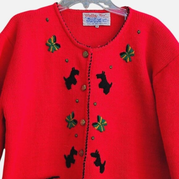 80s Scottie Dog Cardigan Red Embroidered Knit Vintage Novelty Sweater - Picture 8 of 14